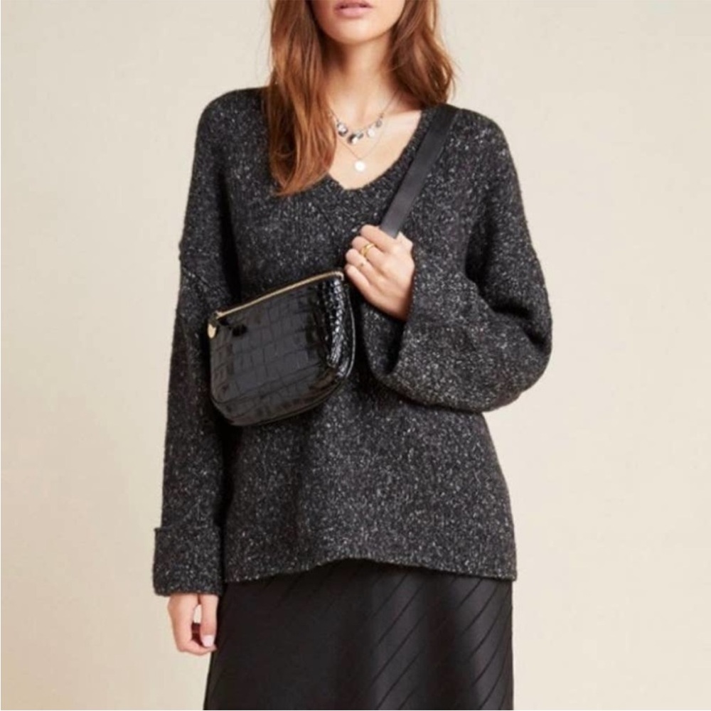 Anthropologie Maggie Bell-Sleeved Sweater Grey Marled V-Neck Charcoal Medium EUC